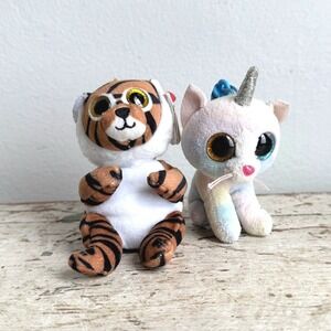 Ty Beanie Bellies Clawdia Tiger Heather Cat Unicorn Plush Clip On Lot 2